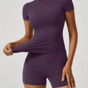 Women's Sweet Sports Short Sleeve High Waist Tummy Control Butt Lifting Shorts Set