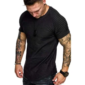 Men's Muscle T-Shirt Pleated Raglan Sleeve Bodybuilding Gym Tee Short Sleeve Fashion Workout Shirts Hipster Shirt